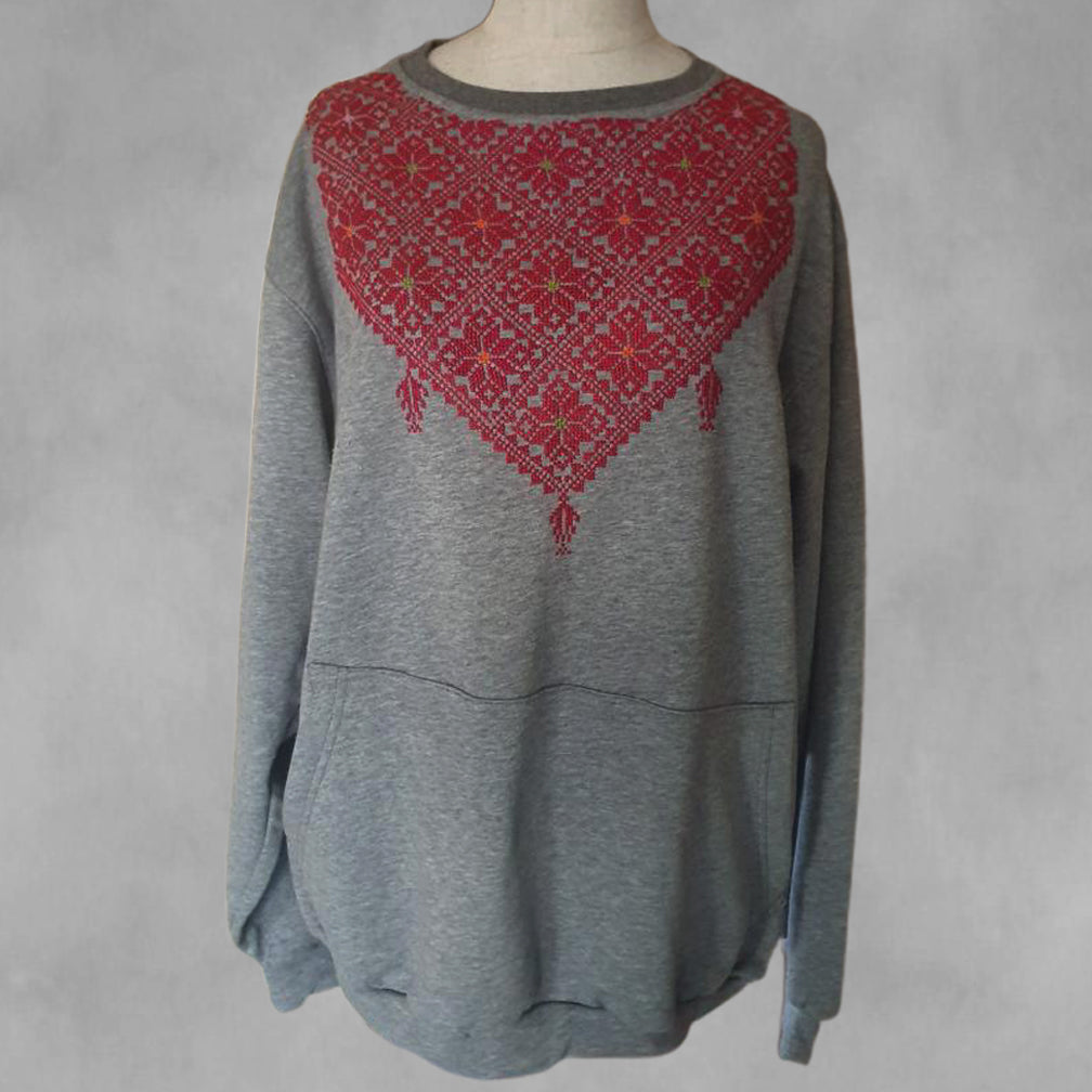 Tatreez Embroidered Sweater- Grey/Red